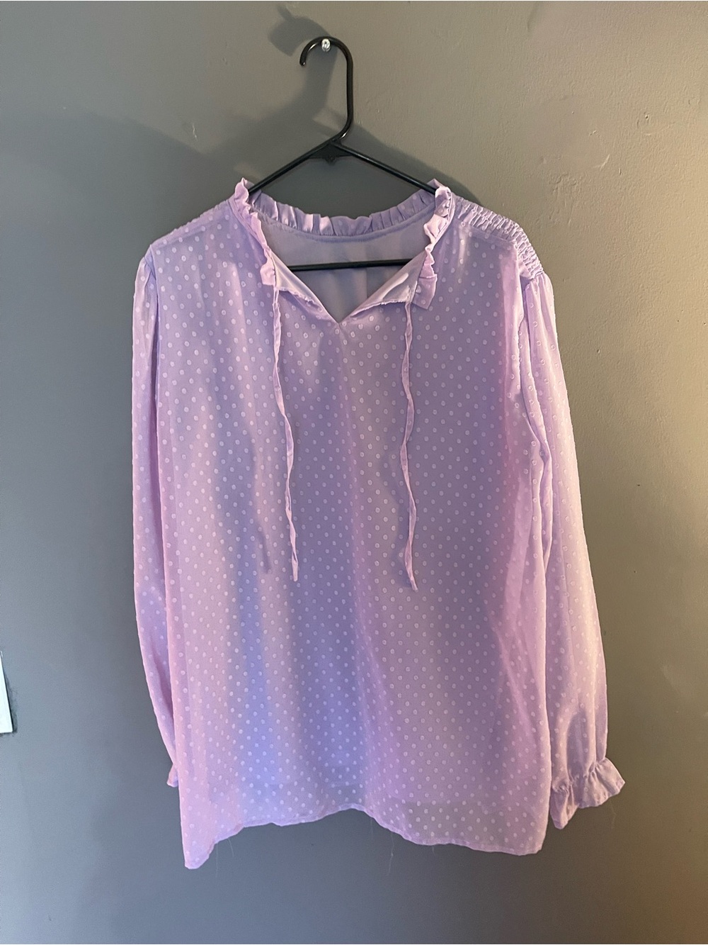 Women's Lavender Polka Dot Ruffle Tie Neck Blouse